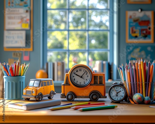 Inviting backtoschool scene with a desk adorned with books, a toy school bus, colorful pencils, and a clock ready for learning photo