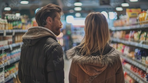 Image shows couple in supermarket aisle, browsing. Both in winter coats, woman closer to camera. Mundane scene, no events.