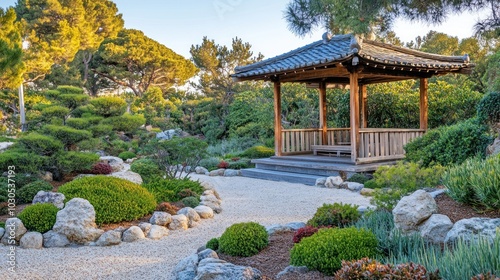 Serene garden with a wooden gazebo surrounded by lush greenery and decorative stones.