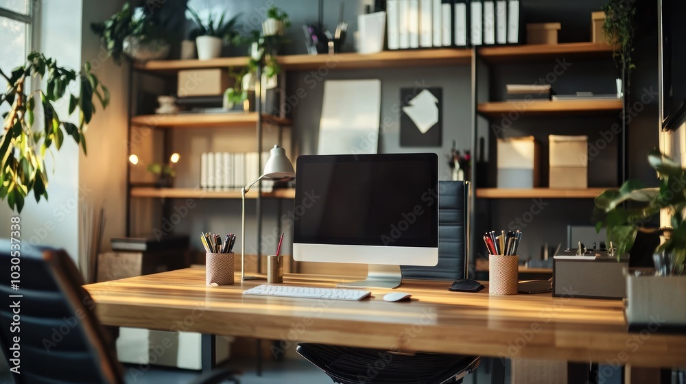 A modern workspace featuring a computer, desk, and organized shelves. A modern workspace featuring a computer, desk, and organized shelves.