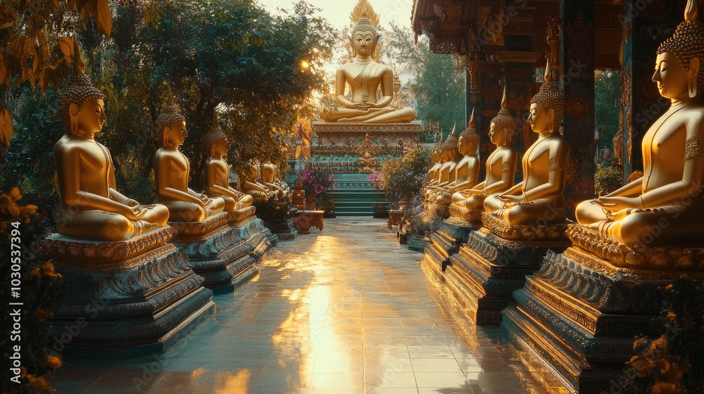Fototapeta premium A majestic Thai temple surrounded by numerous Buddha statues, symbolizing peace, faith, and devotion, perfect for spiritual and cultural photography