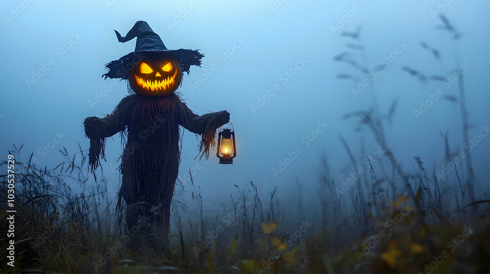Fototapeta premium Creepy Scarecrow in Fog with Lantern