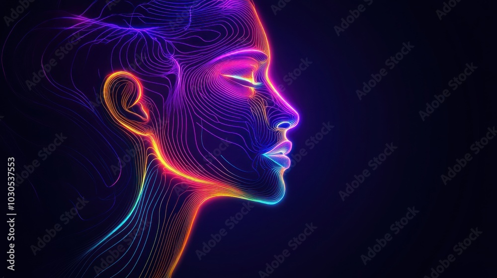Neon face profile, abstract and glowing, with colorful lines tracing the contours of the features. Neon face profile, abstract and glowing, with colorful lines tracing the contours of the features.