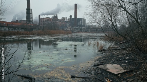 Polluted lake overtaken by industrial runoff, algae blooms marring the once-clear waters, surrounded by distant factories. photo