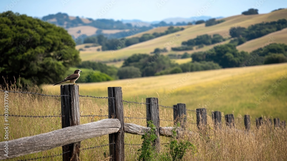 A serene landscape featuring a bird on a fence with rolling hills in the background. A serene landscape featuring a bird on a fence with rolling hills in the background.