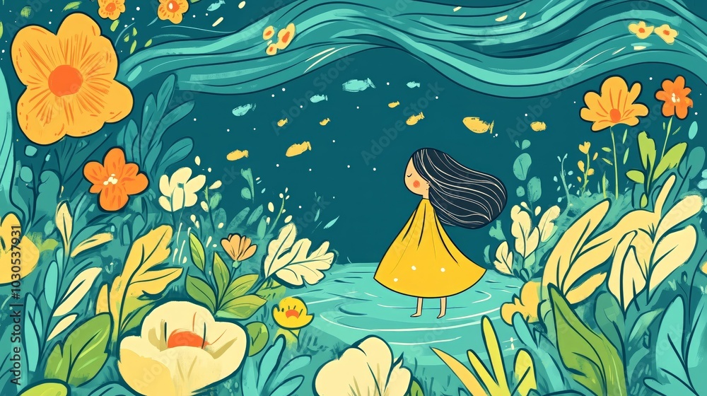A whimsical illustration of a child in a yellow dress standing in a vibrant, magical garden filled with large, colorful flowers and floating fish. Perfect for children's books and fantasy themes. A whimsical illustration of a child in a yellow dress standing in a vibrant, magical garden filled with large, colorful flowers and floating fish. Perfect for children's books and fantasy themes.