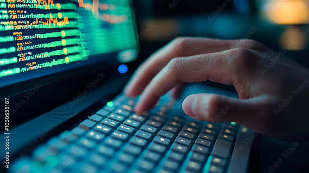 A hand typing on a keyboard with code displayed.