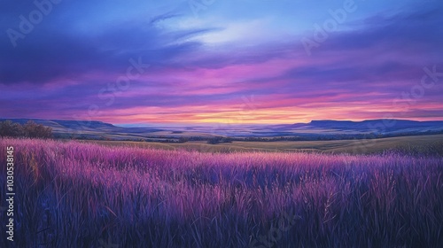 Rich twilight sky blending deep purples, soft pinks, and cool blues into a stunningly colorful, serene horizon.