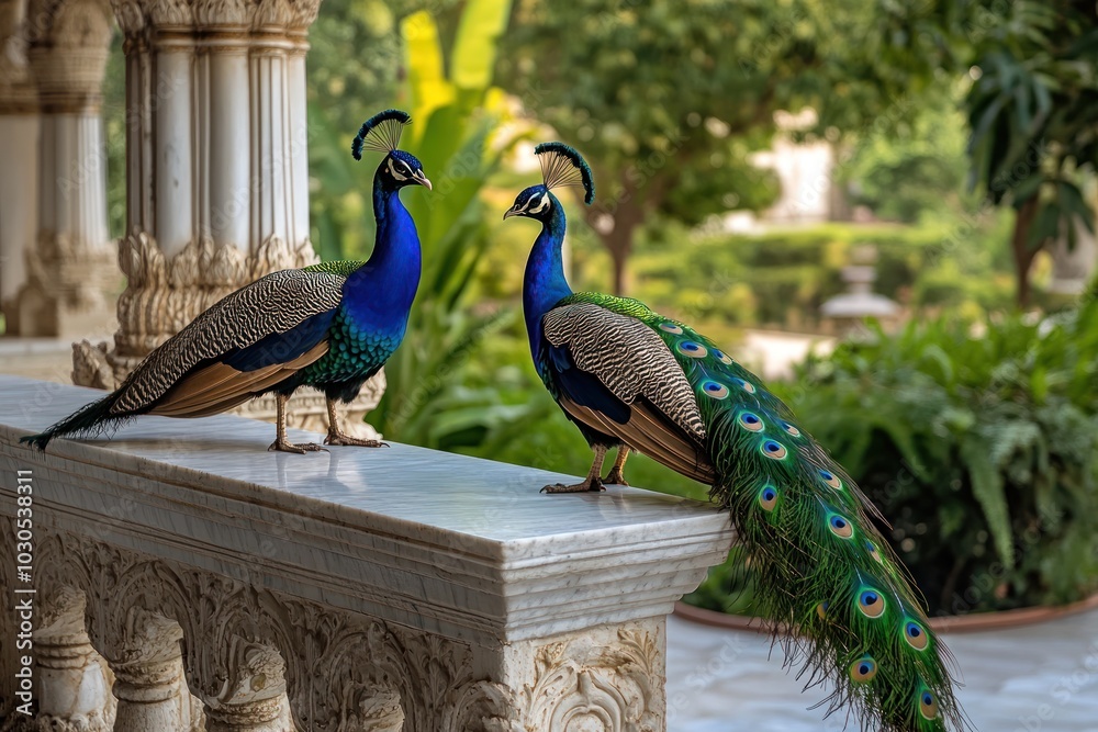 Two peacocks perched on a stone railing in a lush garden setting. Two peacocks perched on a stone railing in a lush garden setting.