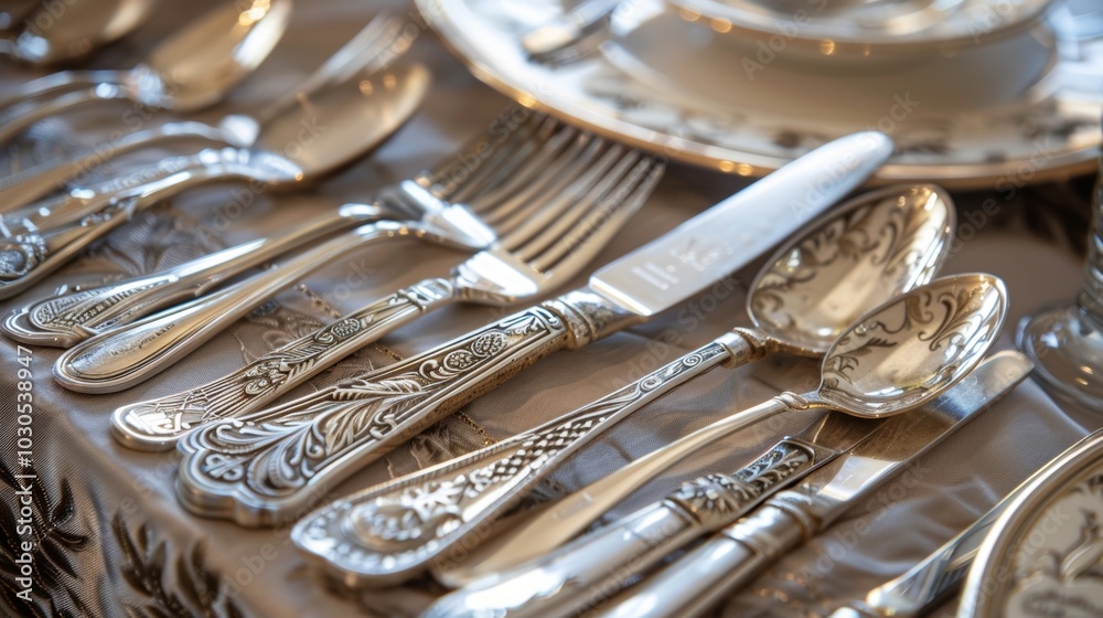 A set of antique silverware engraved with a delicate crest and elaborate monogram used for lavish dinners and social gatherings in high society. A set of antique silverware engraved with a delicate crest and elaborate monogram used for lavish dinners and social gatherings in high society.