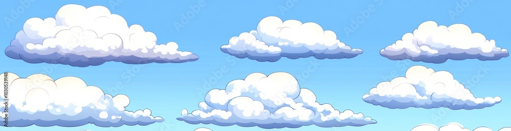 A collection of fluffy clouds against a bright blue sky, ideal for backgrounds or illustrations. A collection of fluffy clouds against a bright blue sky, ideal for backgrounds or illustrations.