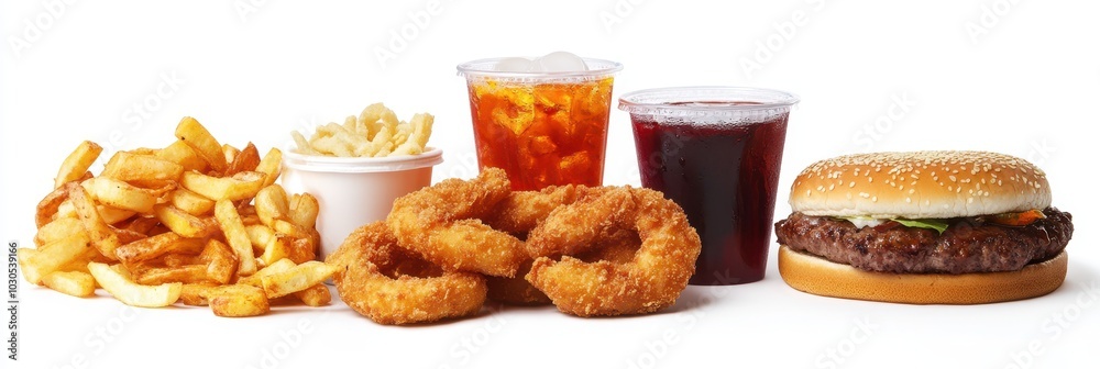 A delicious fast food meal featuring a burger, fries, onion rings, and refreshing soft drinks. A delicious fast food meal featuring a burger, fries, onion rings, and refreshing soft drinks.