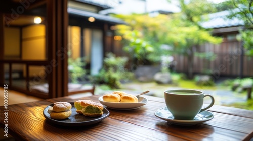 A serene setting featuring traditional sweets and a cup of tea, overlooking a tranquil garden.