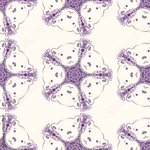 Face of polar bears. Seamless pattern with mandalas.  Print with texture and noise