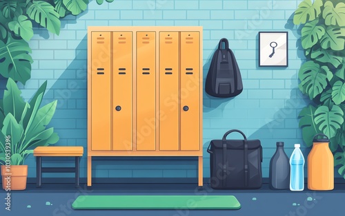 Colorful vector design of a gym changing room with lockers, a bench, a gym bag, fitness mat, and a refreshing water bottle, perfect for sportsthemed cards photo