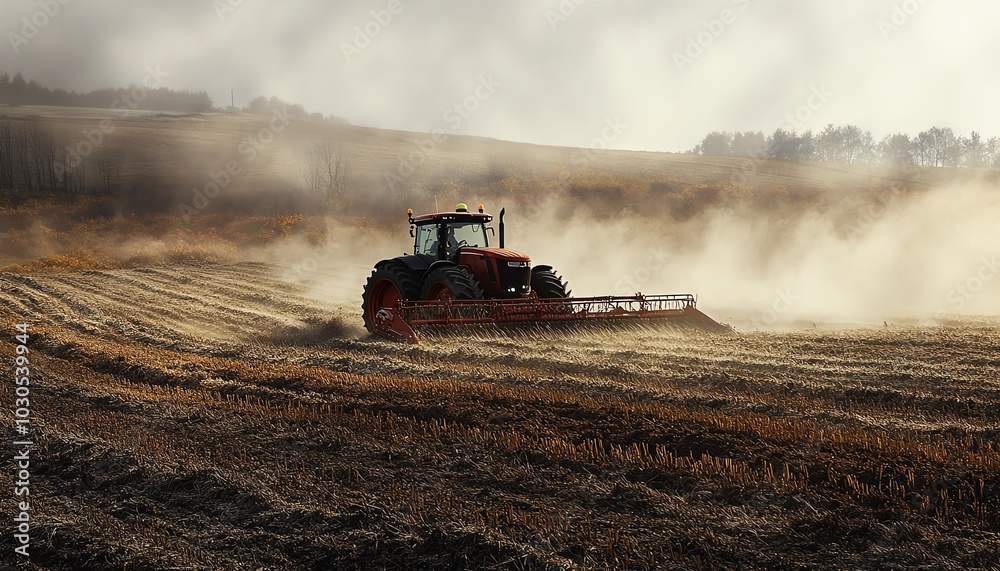Fototapeta premium Early morning scene of a red tractor plowing a field, highlighting the advancements in agricultural machinery and sustainable farming practices