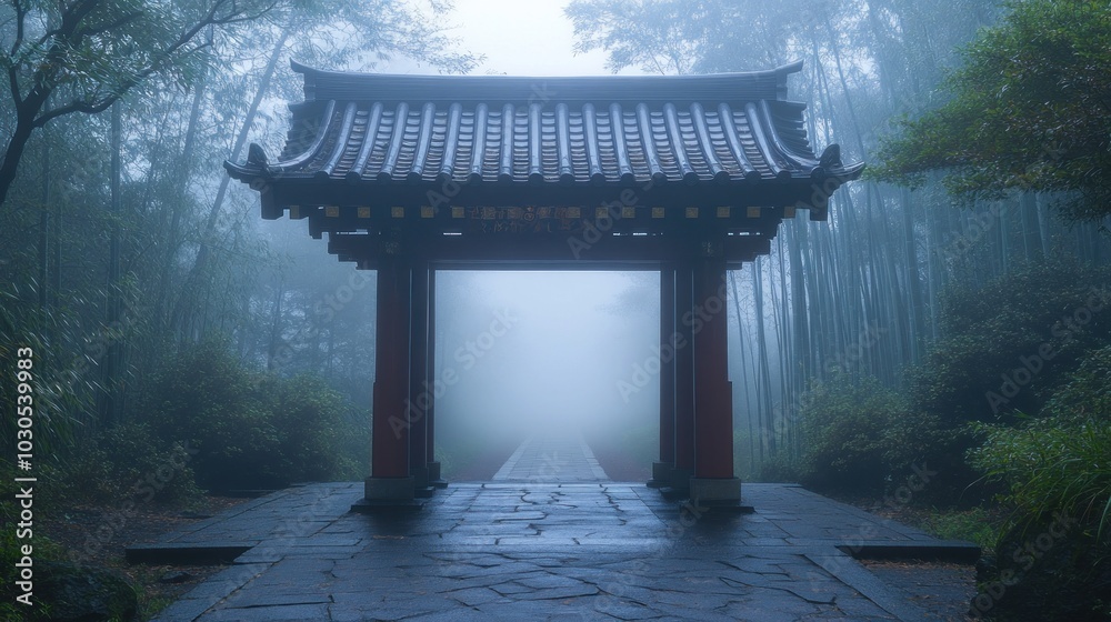 Obraz premium A serene misty scene featuring a traditional archway surrounded by bamboo and fog.