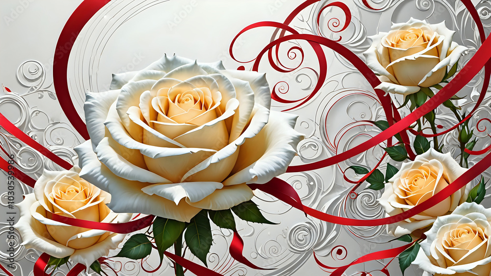 Fototapeta premium Abstraktion Weiße Rosen, rote Bänder 16х9. Hintergrund für das Design 5.