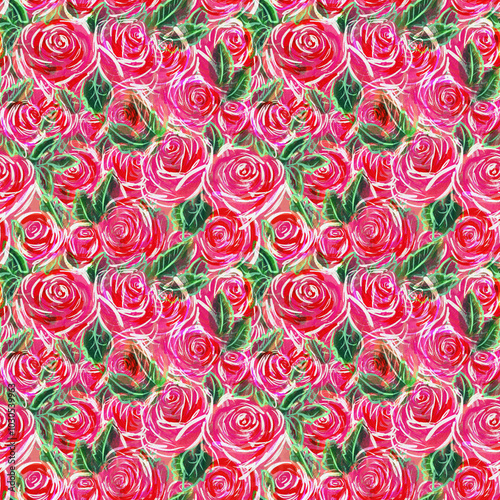 Pink roses. Seamless pattern. Digital painting illustration with texture and noise