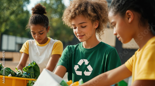 children sorting recyclables while volunteering in recycling center, generative ai