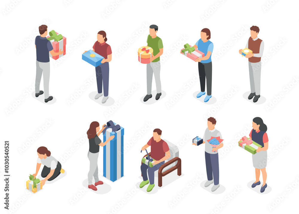 Isometric people with gift boxes. Men woman holding opens packing vibrant present box. Gifting time, birthday party christmas holidays, flawless vector set Isometric people with gift boxes. Men woman holding opens packing vibrant present box. Gifting time, birthday party christmas holidays, flawless vector set