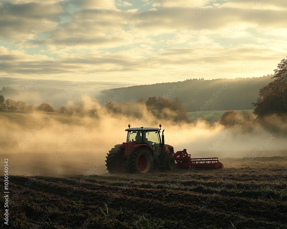 Fototapeta premium Red tractor at work in a field during the early morning, demonstrating the effectiveness of modern agricultural practices and machinery