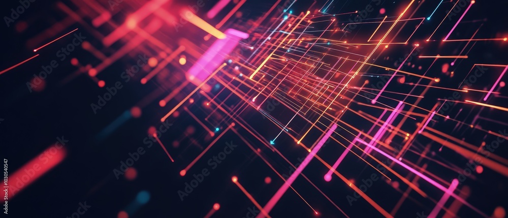 Obraz premium Technology-Inspired Design with Glowing Grid Lines Against Black Background, Emphasizing Depth and Futuristic Aesthetic with Vibrant Colors
