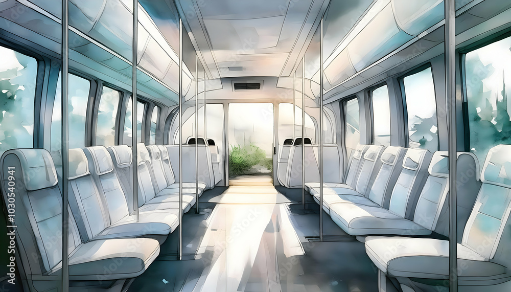 Obraz premium Interior of train with passengers on seats, reflect the diversity and complexity on digital art concept, Generative AI.