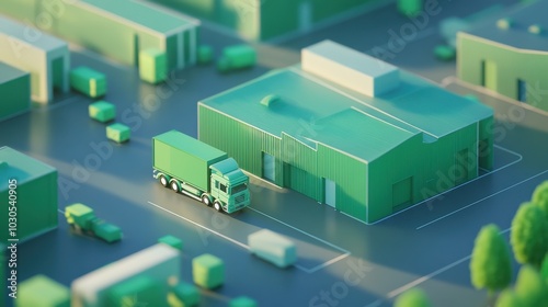 Split-complementary color scheme flat design showcasing eco-friendly supply chain logistics, 3D render of warehouses, green transport