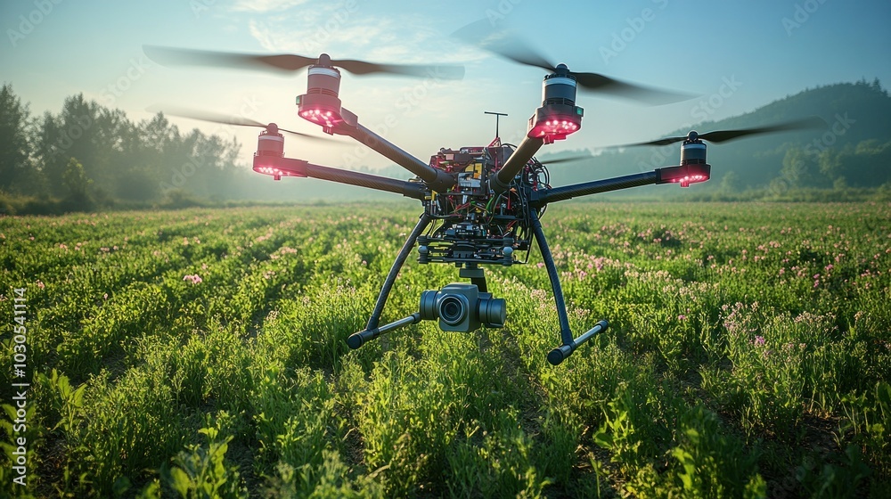 A drone with a camera flying over a green field. A drone with a camera flying over a green field.
