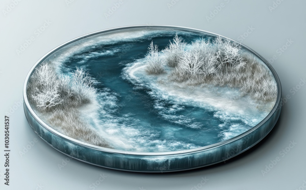 A serene, circular landscape depicting a winding river surrounded by frosty vegetation. A serene, circular landscape depicting a winding river surrounded by frosty vegetation.