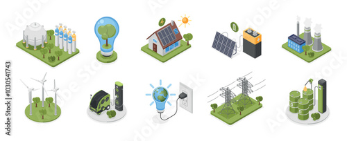Isometric ecosystem. Electro and clean gas station, solar panels for smart energy house. Eco lifestyle, saving environment and nature, flawless vector icons