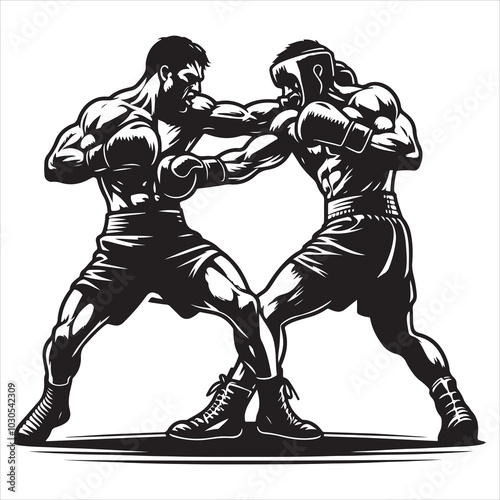 Fight Night Boxers Locked in Fierce Combat Stance , black colour vactor 