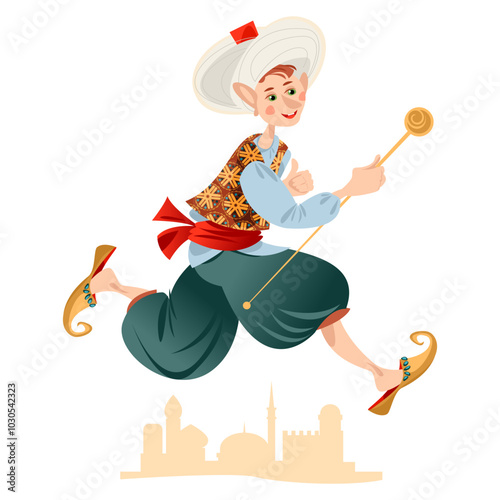 A boy with a stick dressed in oriental clothes, wearing magic slippers flies over the city. The hero of “The Little Muck” fairy tale. Vector illustration