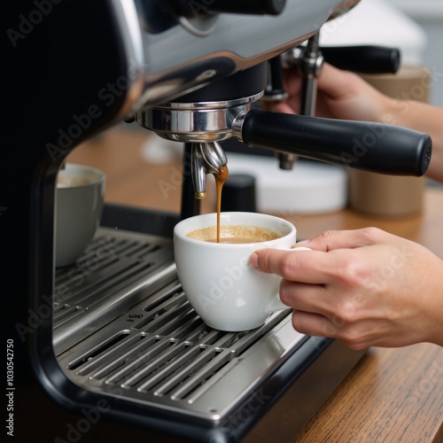 Barista crafts flawless espresso using modern espresso equipment