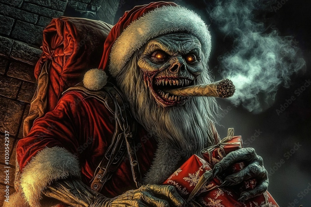 Obraz premium Santa Claus evil monster smoking a cigar. Illustrated poster design. Ai Generative