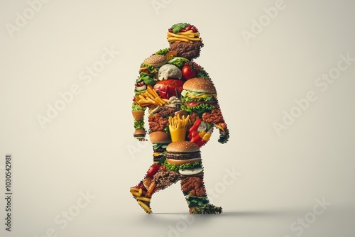 Unhealthy habits: vivid a fat human figure filled colorful fast food images hamburgers, fries, sweets, serving as a striking reminder of dangers of obesity, poor lifestyle choices impacting health.