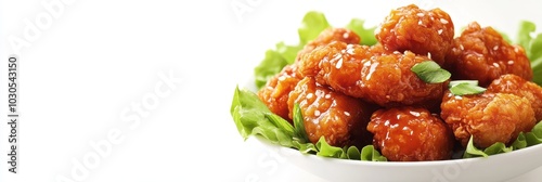 Delicious golden crispy chicken bites drizzled with savory sauce, served on a bed of fresh lettuce, perfect for any meal. photo