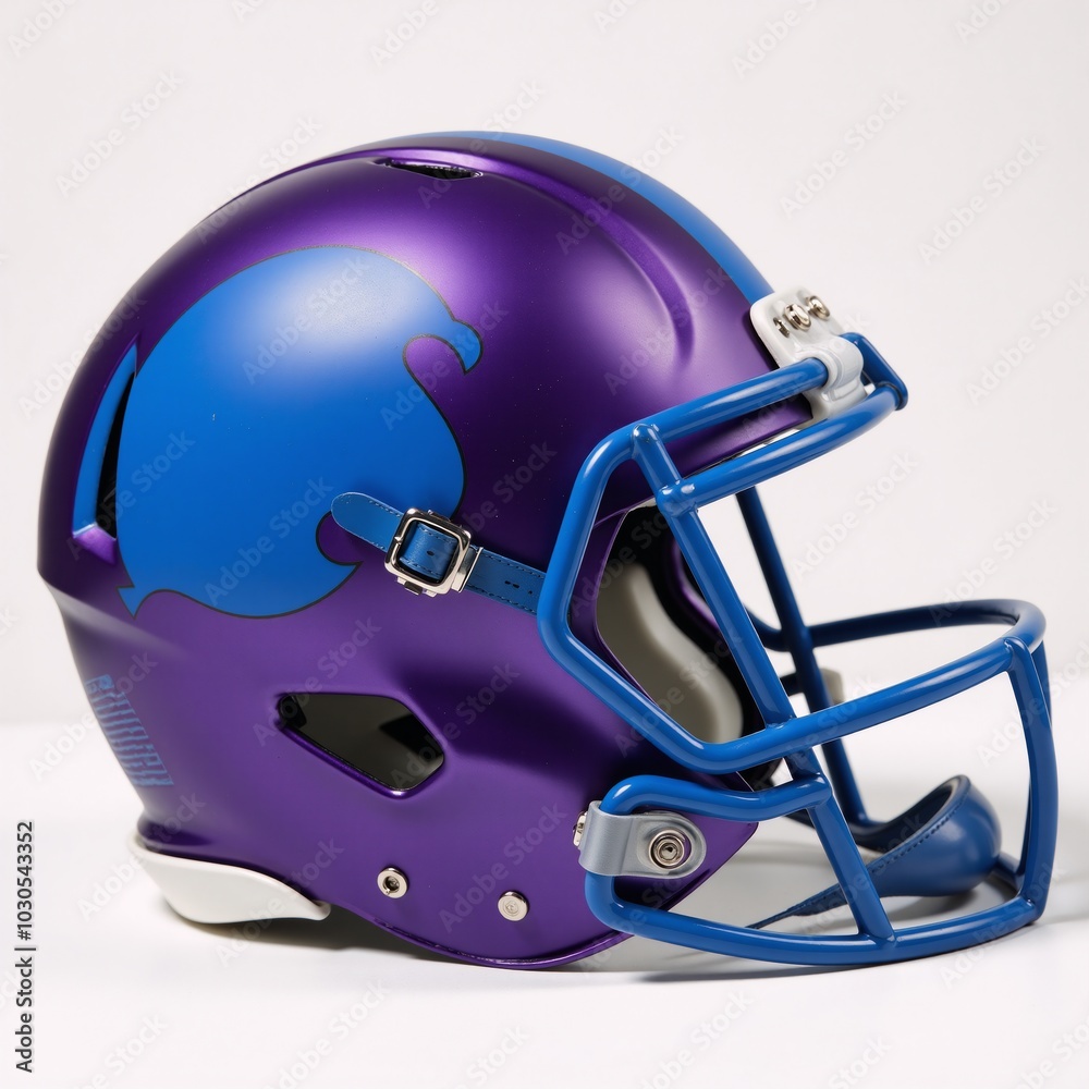 Fototapeta premium Purple and Blue Football Helmet on White Background Minimalist Design