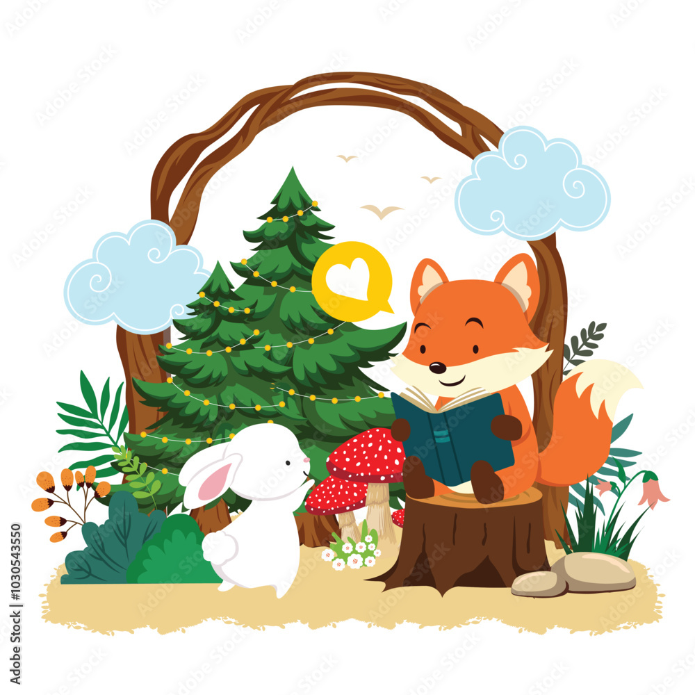 Naklejka premium Illustration of a cute fox reading a book and a cute bunny in the forest