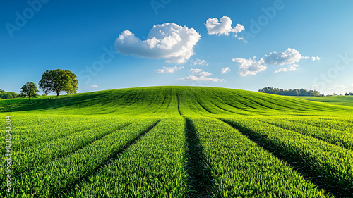 Rolling green hills under a bright blue sky, minimal clouds, and a large open foreground with room for text or designs.