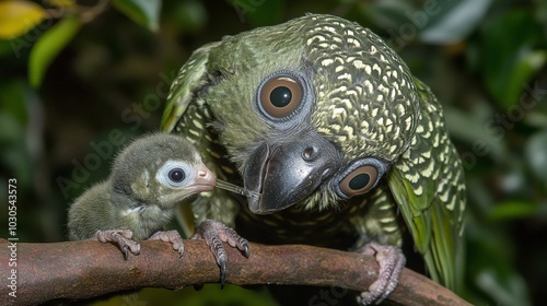 Kaka Parrot Feeding Chick.