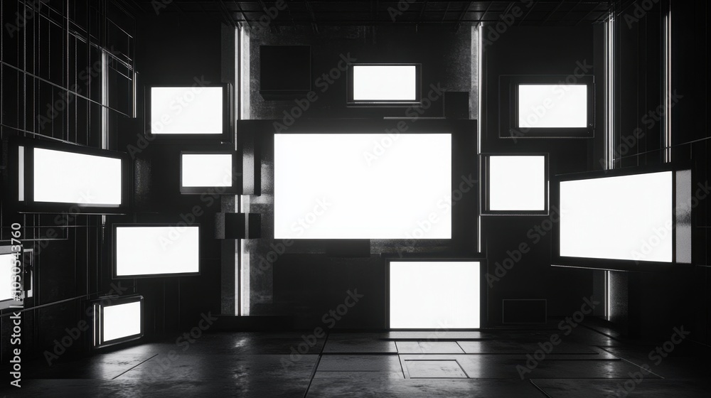 Vertically stacked TVs with blank screens in monochrome, futuristic and industrial design, 3D rendered for a bold tech-driven presentation Vertically stacked TVs with blank screens in monochrome, futuristic and industrial design, 3D rendered for a bold tech-driven presentation
