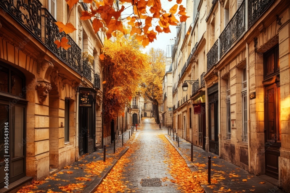 Obraz premium A serene autumn street lined with fallen leaves and charming buildings.