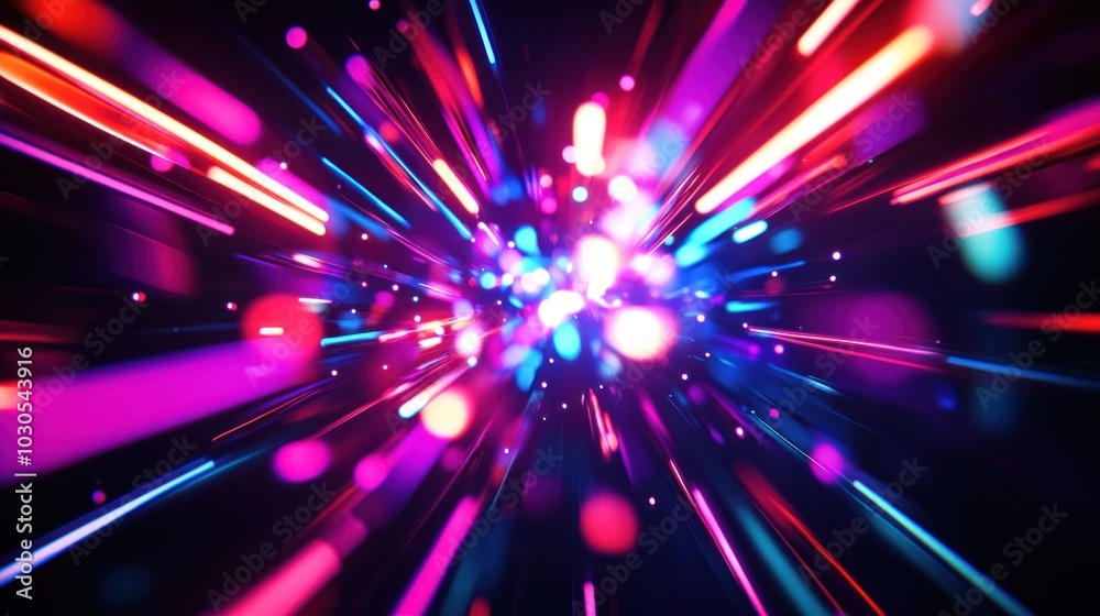Fototapeta premium Neon shapes exploding outward with bright, glowing lights and radiant lines, full of energy and motion.