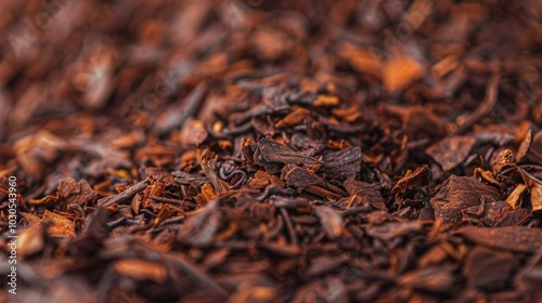 The wrinkled dark brown leaves of rooibos tea revealing the natural ridges and folds that imbue it with flavor.