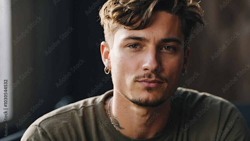 A Man with Short Hair and a Nose Ring Evoking Modern Style and Attitude A Man with Short Hair and a Nose Ring Evoking Modern Style and Attitude