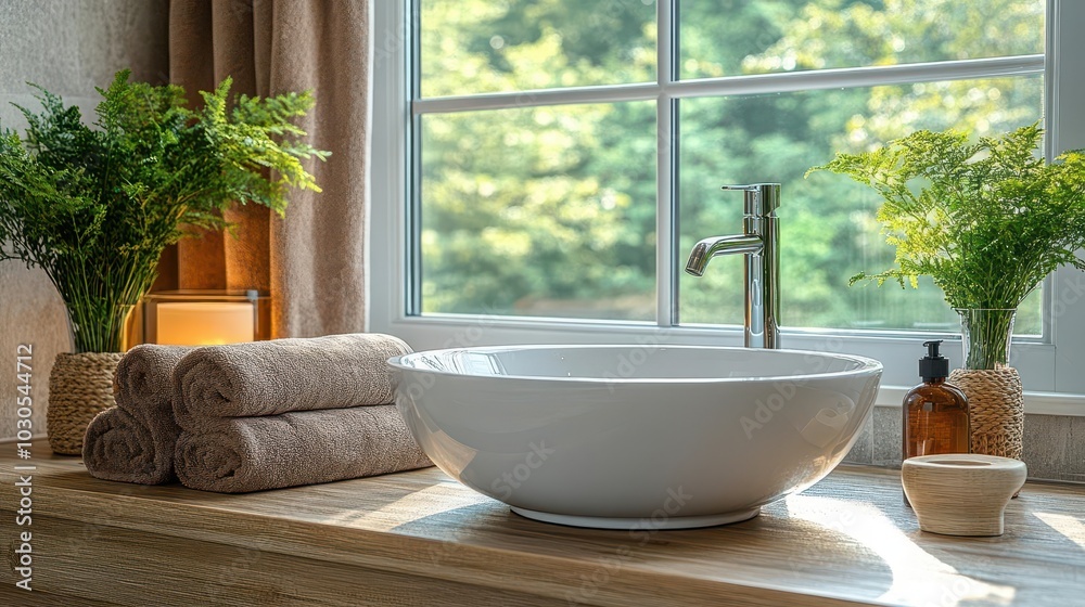 luxurious bathroom interior featuring an elegant sink and a panoramic window showcasing sophisticated design elements that create a serene and inviting ambiance luxurious bathroom interior featuring an elegant sink and a panoramic window showcasing sophisticated design elements that create a serene and inviting ambiance