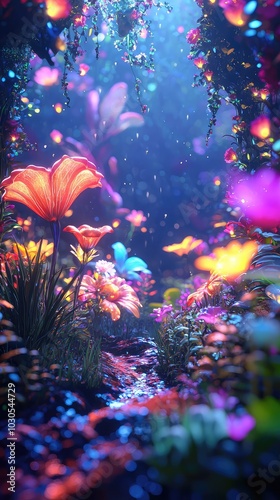 Vibrant Fantasy Garden with Stunning Colors and Light