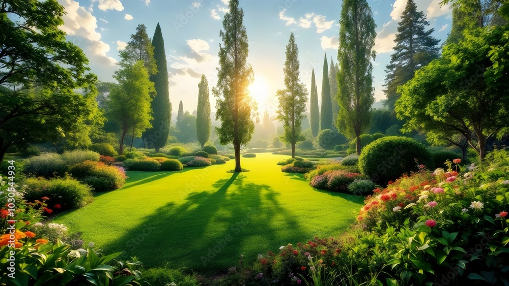 Naklejka premium Picturesque Garden Landscape with Sunbeams Streaming through Trees